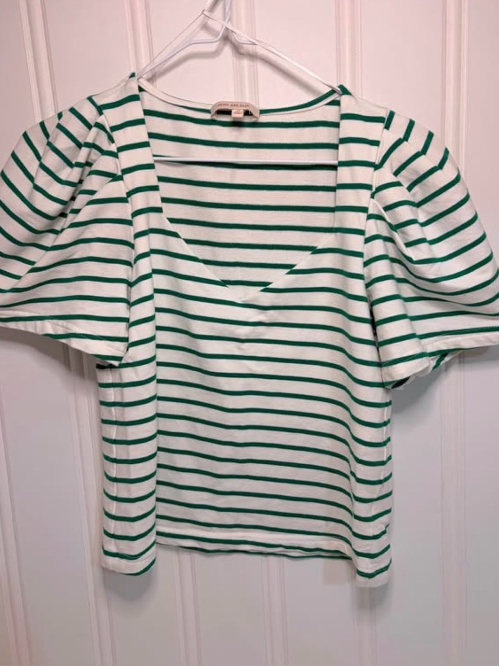 Skies Are Blue White and Green Striped V-Neck Puff Sleeve Tee